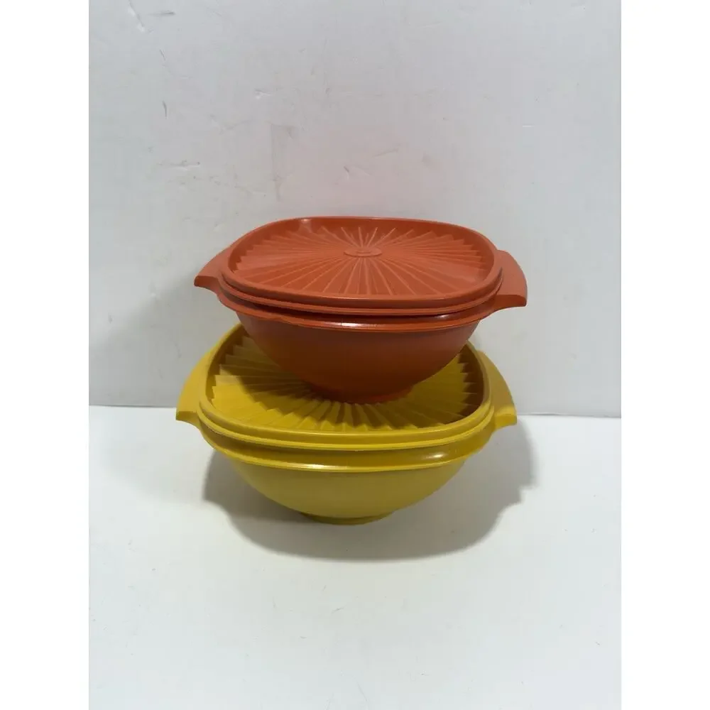 Set Of 2 Tupperware Servalier Bowl Yellow 9” W/ Lid: 837-4, Orange 8” Lid 839-16